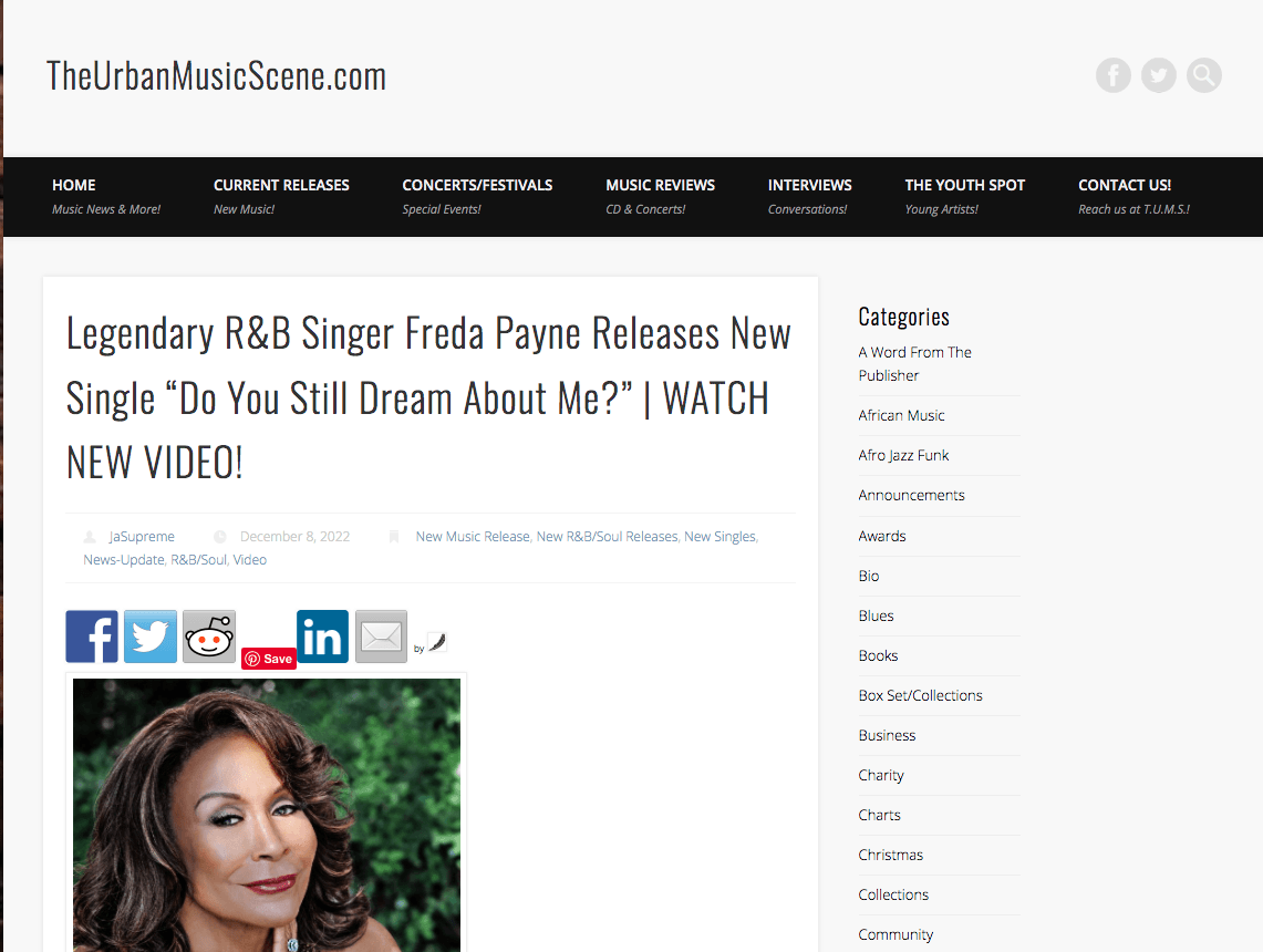 Freda Payne featured on Urban Music Scene