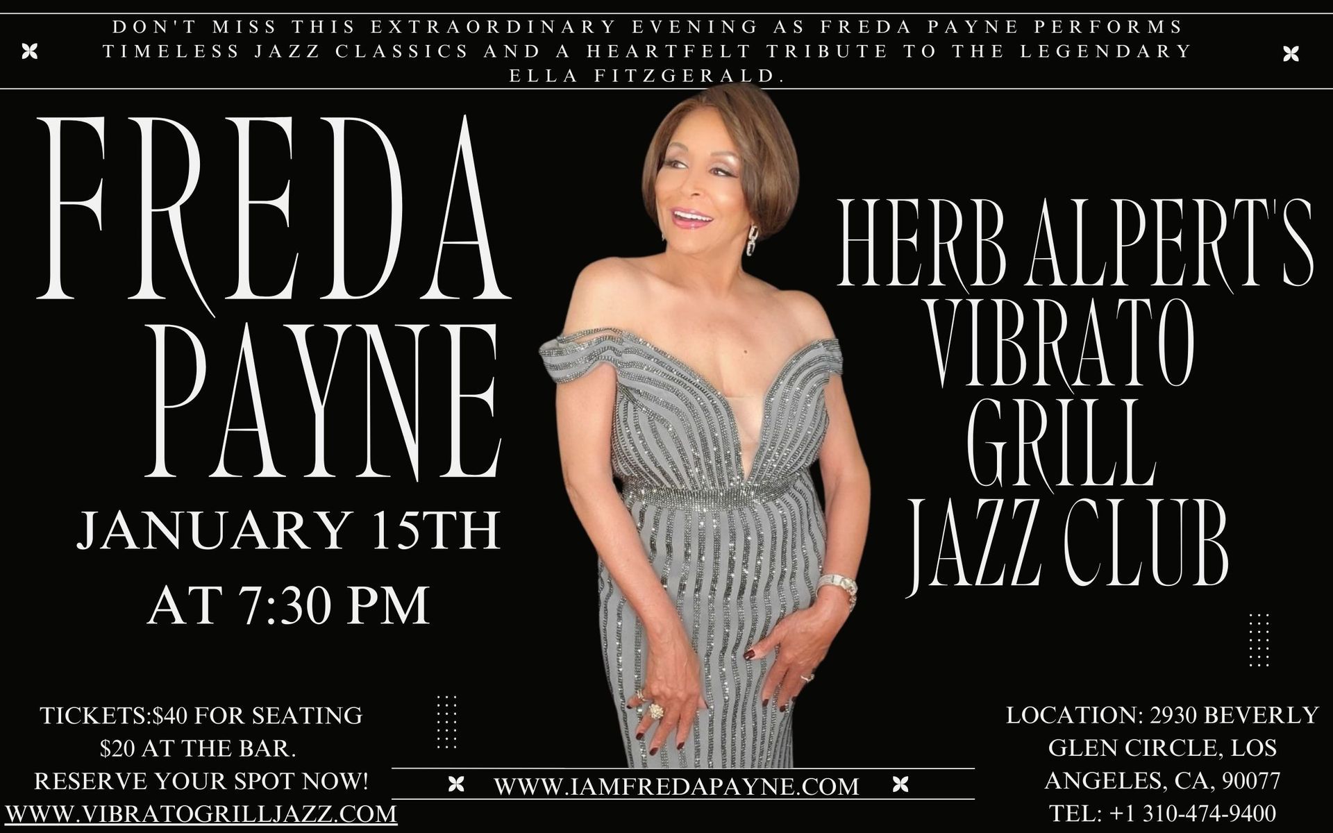 A poster for freda payne 's live performance on january 15th